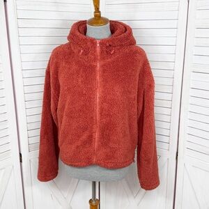 Pink Victoria’s Secret Funnel Neck Cropped Teddy Hoodie Jacket Rust Orange Small